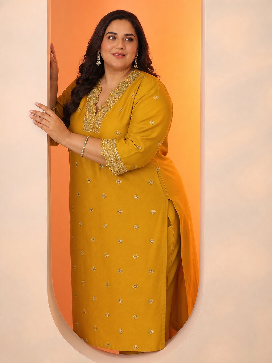  Plus Size Mustard Embroidered Silk Blend Straight Kurta Set 