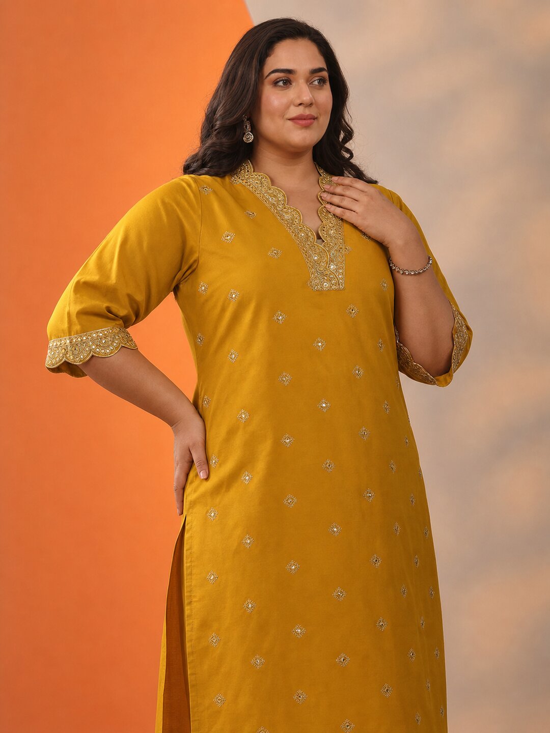  Plus Size Mustard Embroidered Silk Blend Straight Kurta Set 