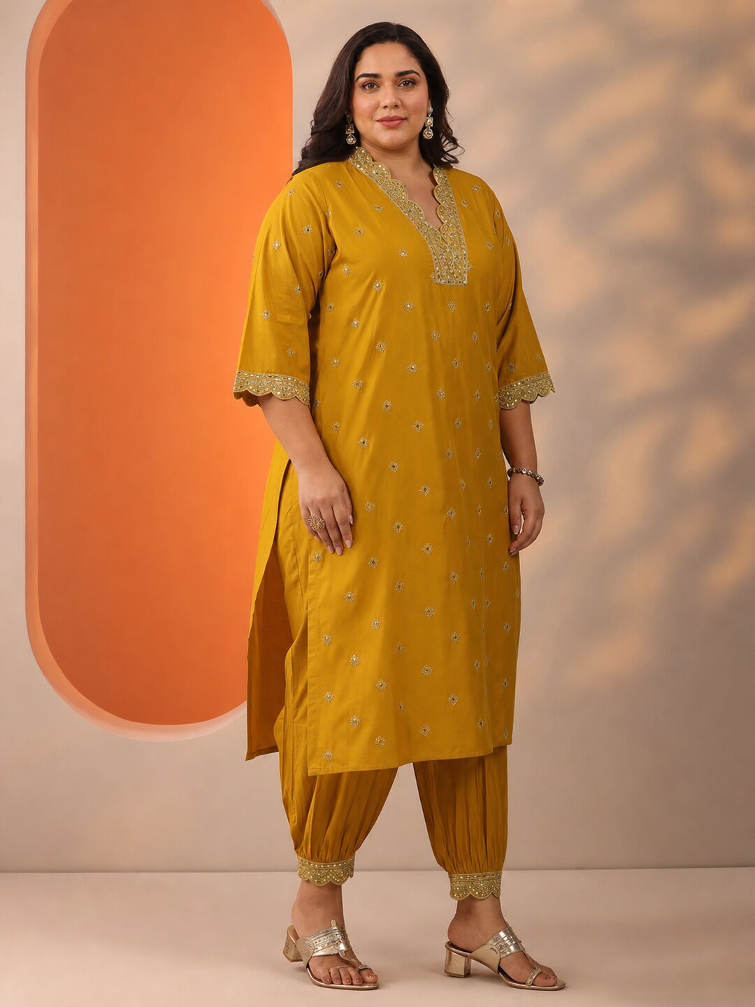  Plus Size Mustard Embroidered Silk Blend Straight Kurta Set 