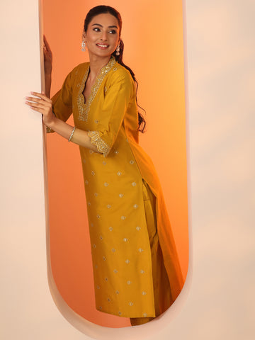 Gerua Mustard Embroidered Silk Blend Straight Kurta Set