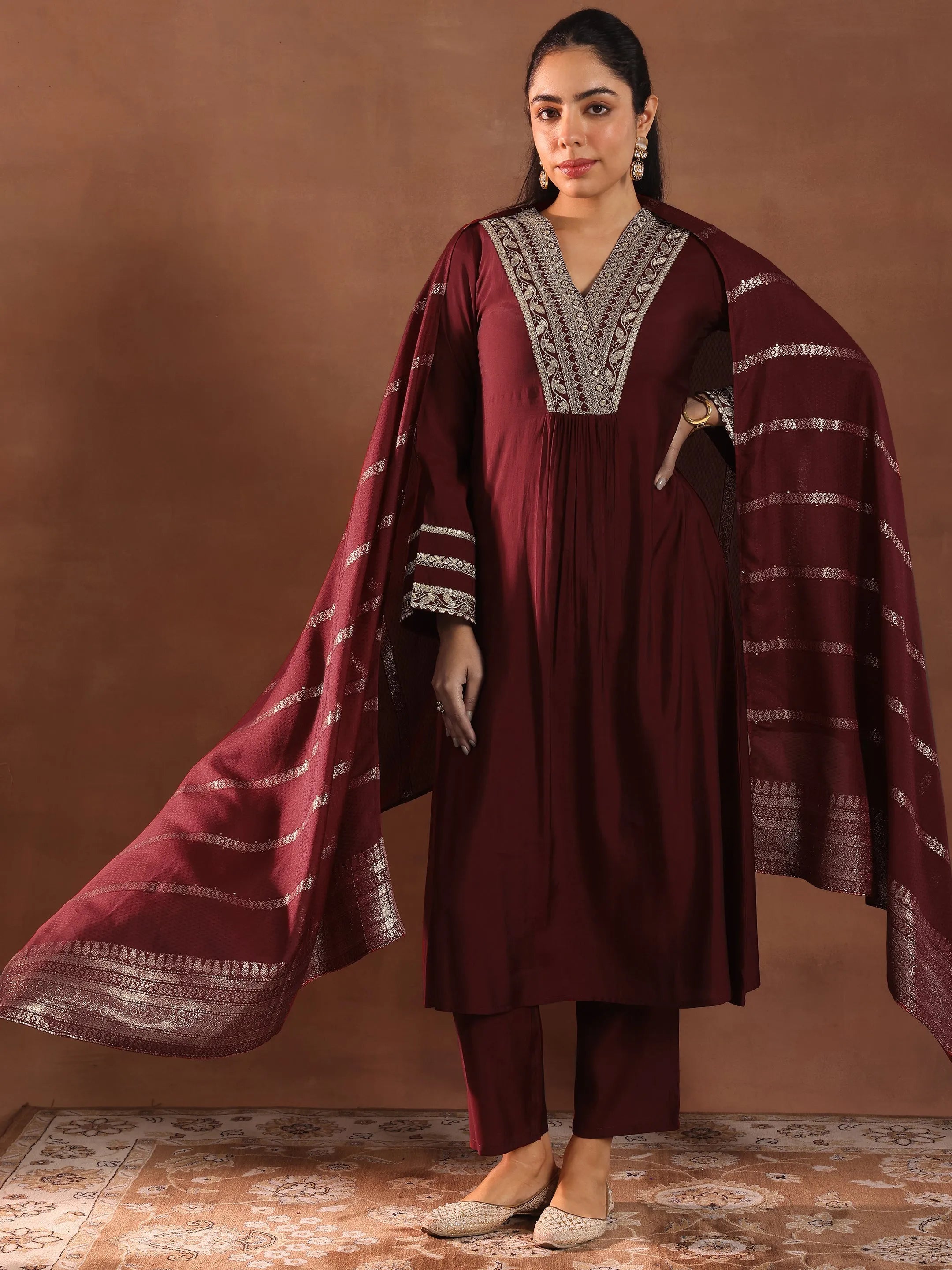 Maroon Embroidered Silk Blend A-Line Suit Set With Dupatta-image-36