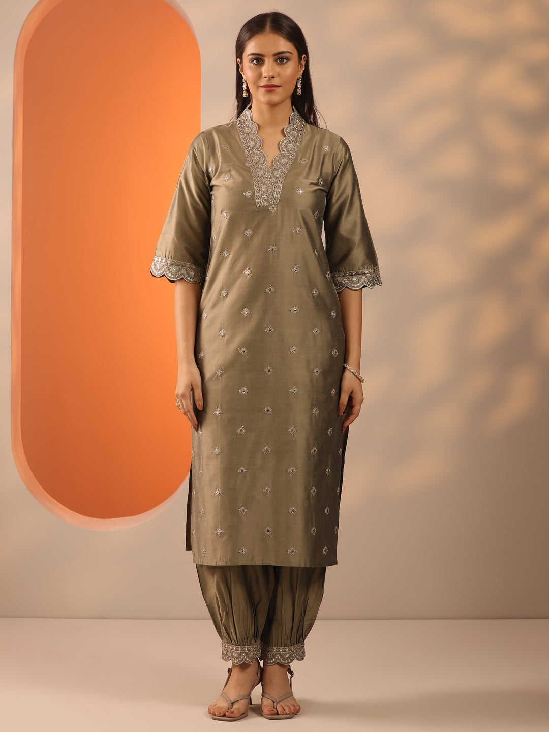  Brown Embroidered Silk Blend Straight Kurta Set 