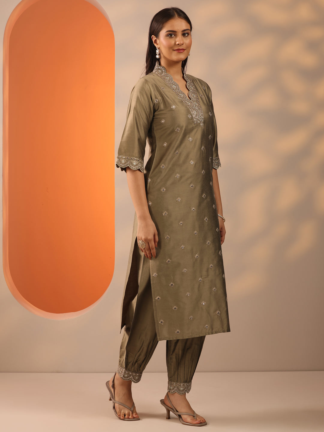  Brown Embroidered Silk Blend Straight Kurta Set 