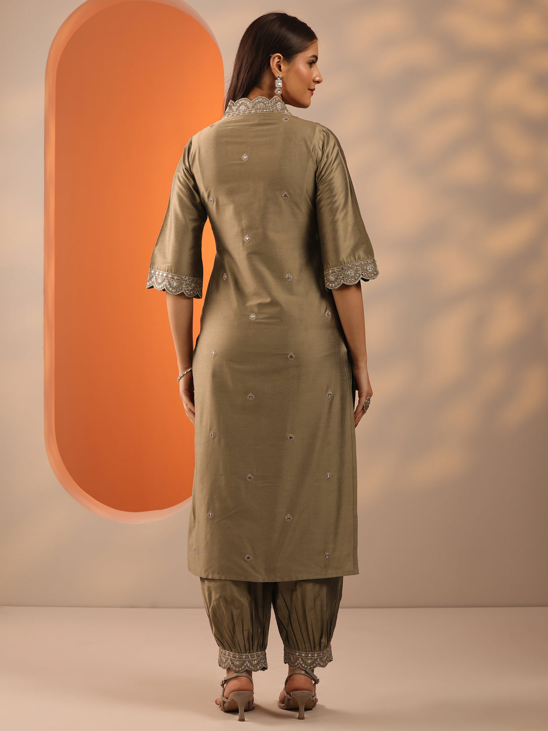  Brown Embroidered Silk Blend Straight Kurta Set 