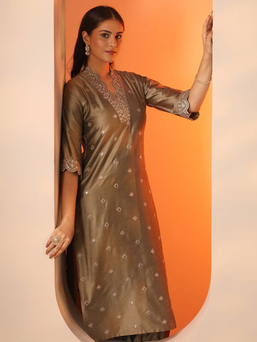 Gerua Brown Embroidered Silk Blend Straight Kurta Set