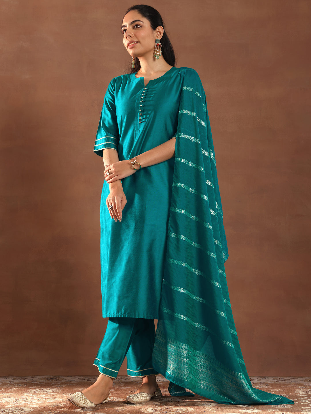Teal Solid Silk Blend Straight Suit Set With Dupatta