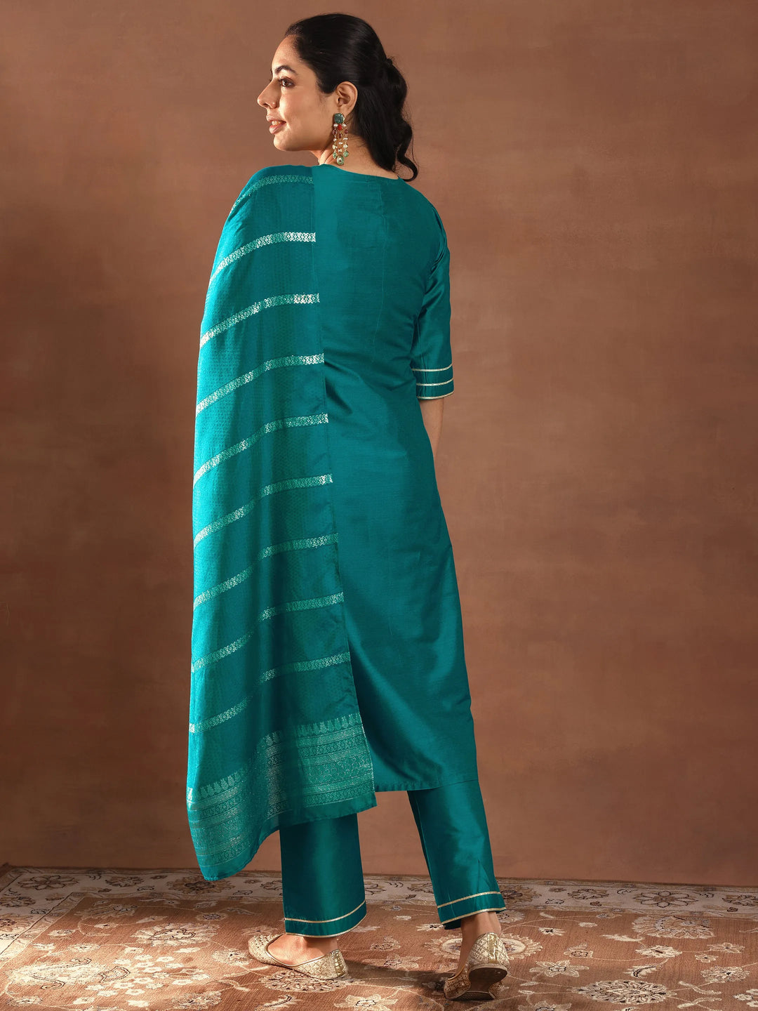  Teal Solid Silk Blend Straight Suit Set With Dupatta 