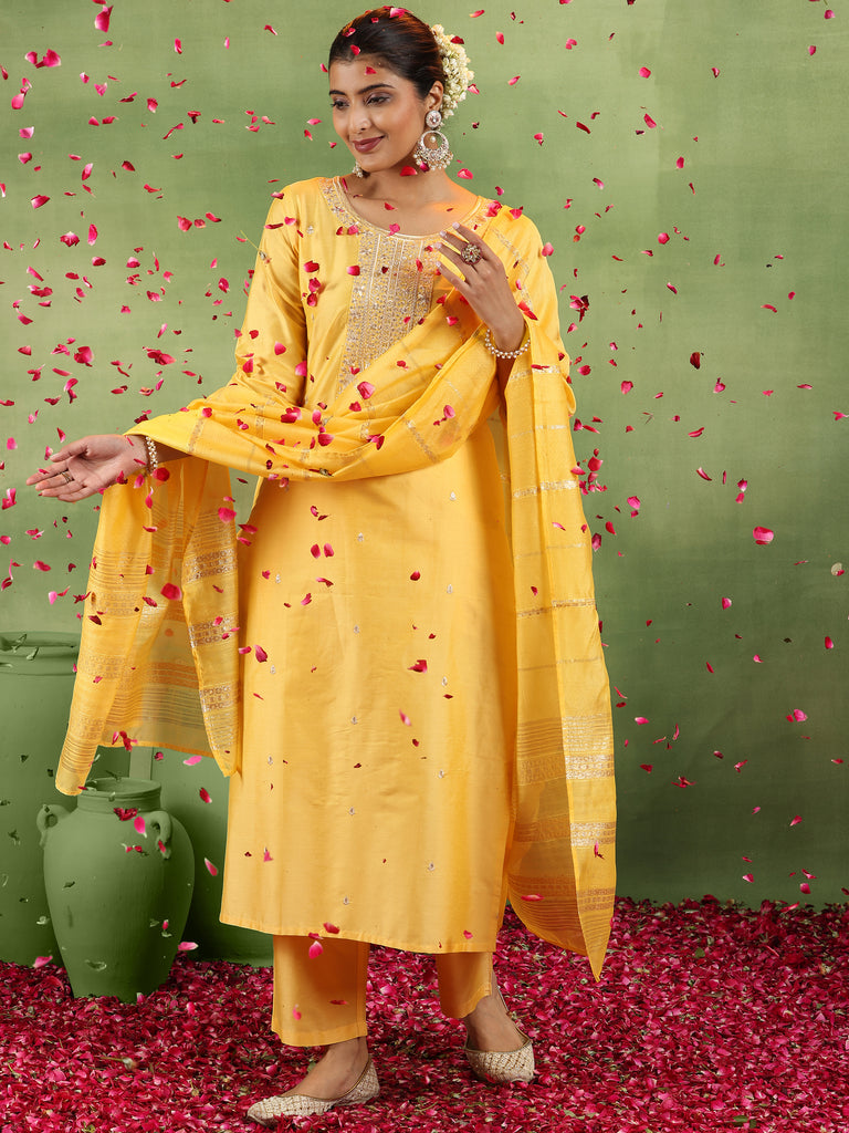 Gerua Yellow Embroidered Silk Blend Straight Suit With Dupatta