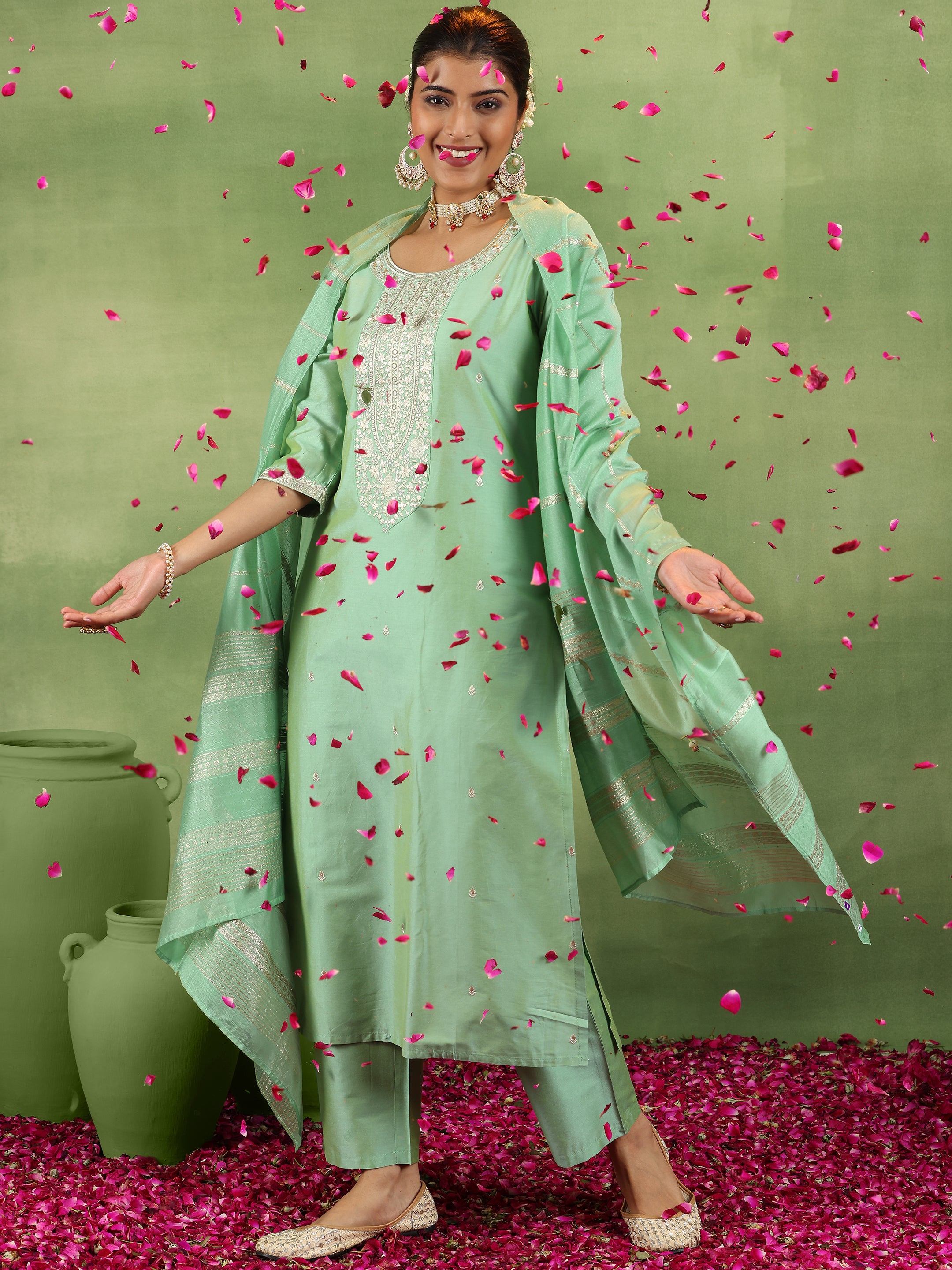 libas Green Embroidered Silk Blend Straight Suit With Dupatta-picture-40