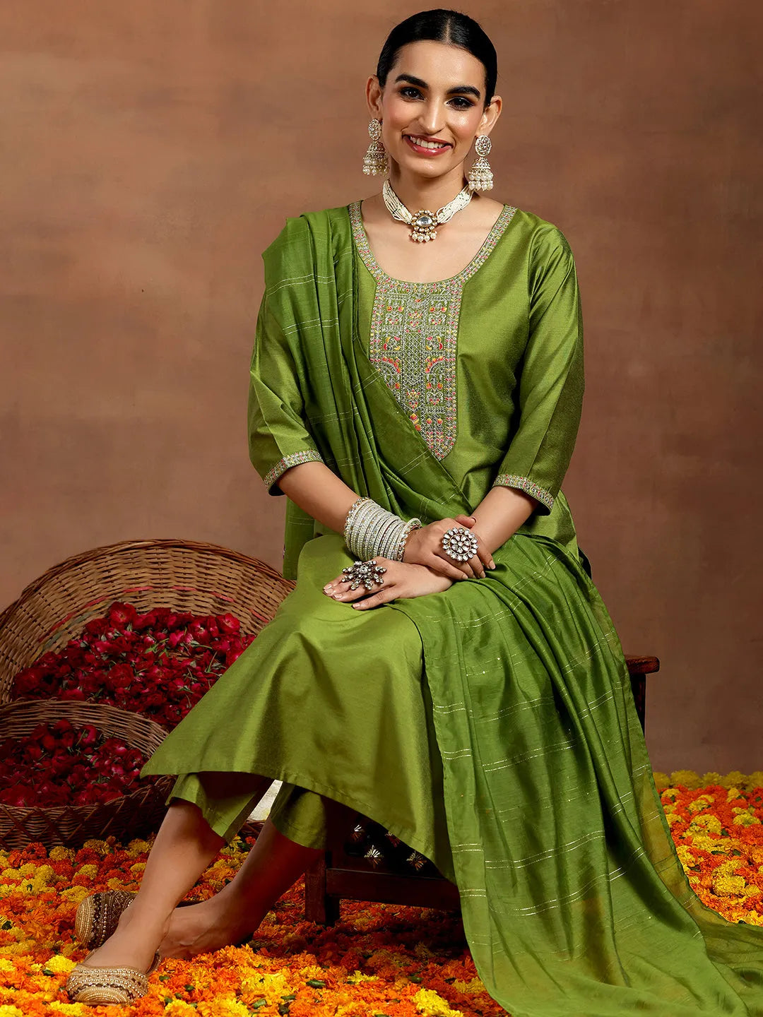 libas Green Yoke Design Silk Blend Straight Suit With Dupatta-picture-28