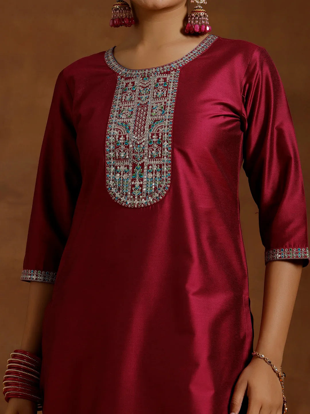  Pink Yoke Design Silk Blend Straight Suit With Dupatta 