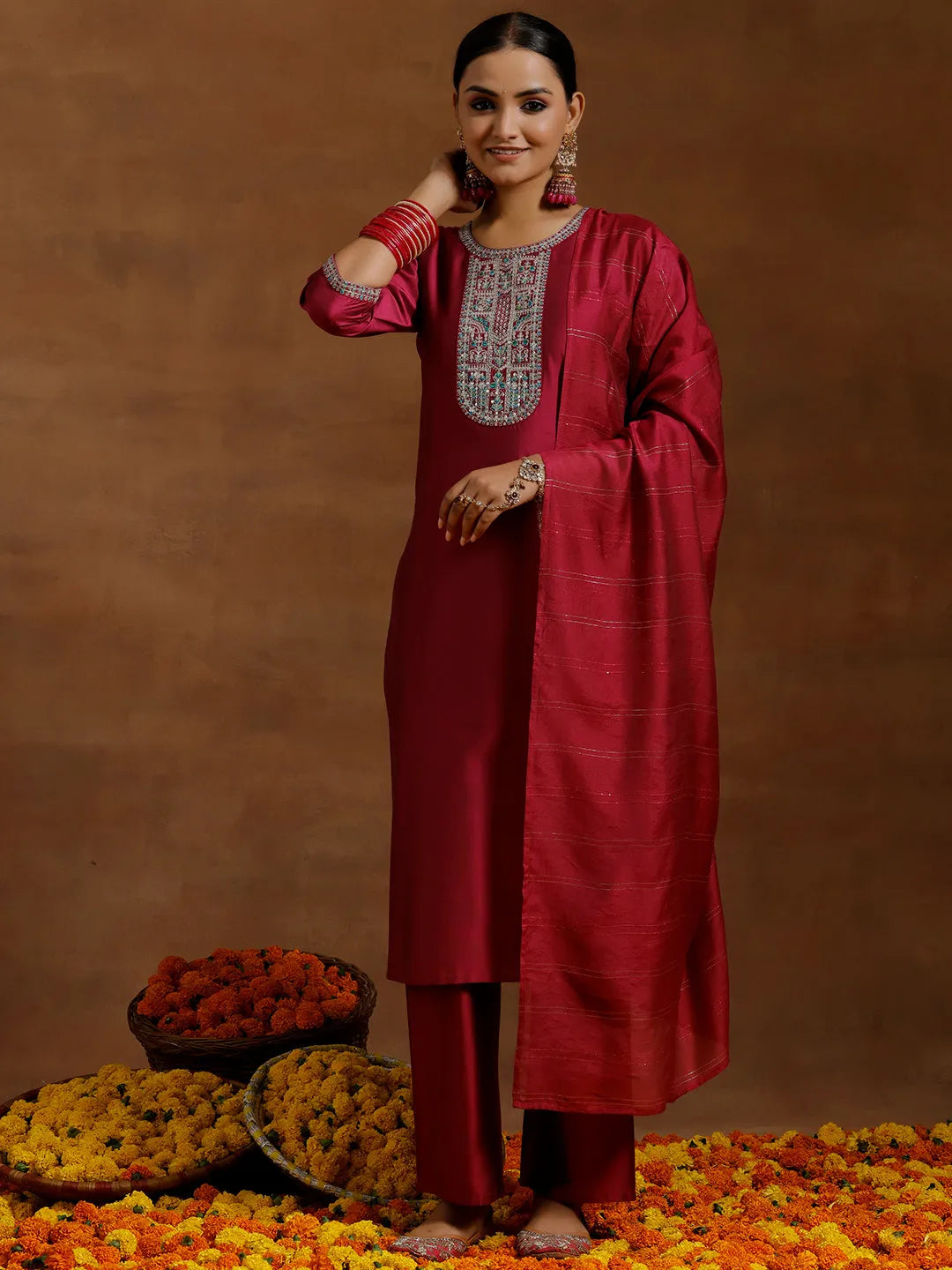  Pink Yoke Design Silk Blend Straight Suit With Dupatta 