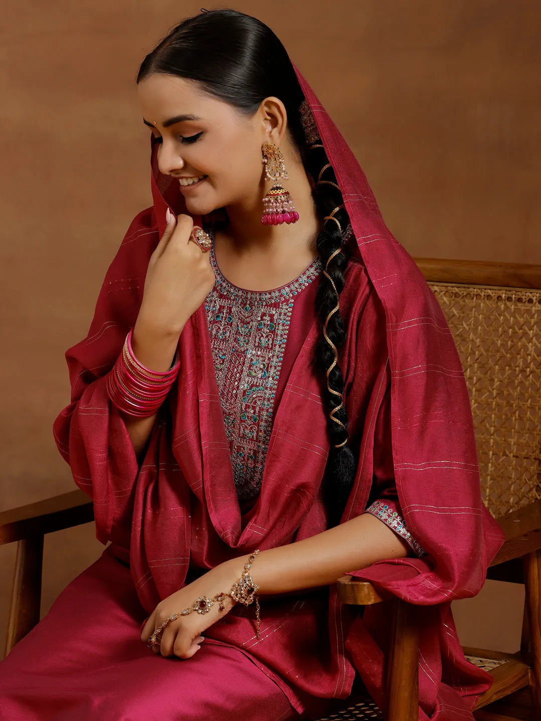  Pink Yoke Design Silk Blend Straight Suit With Dupatta 