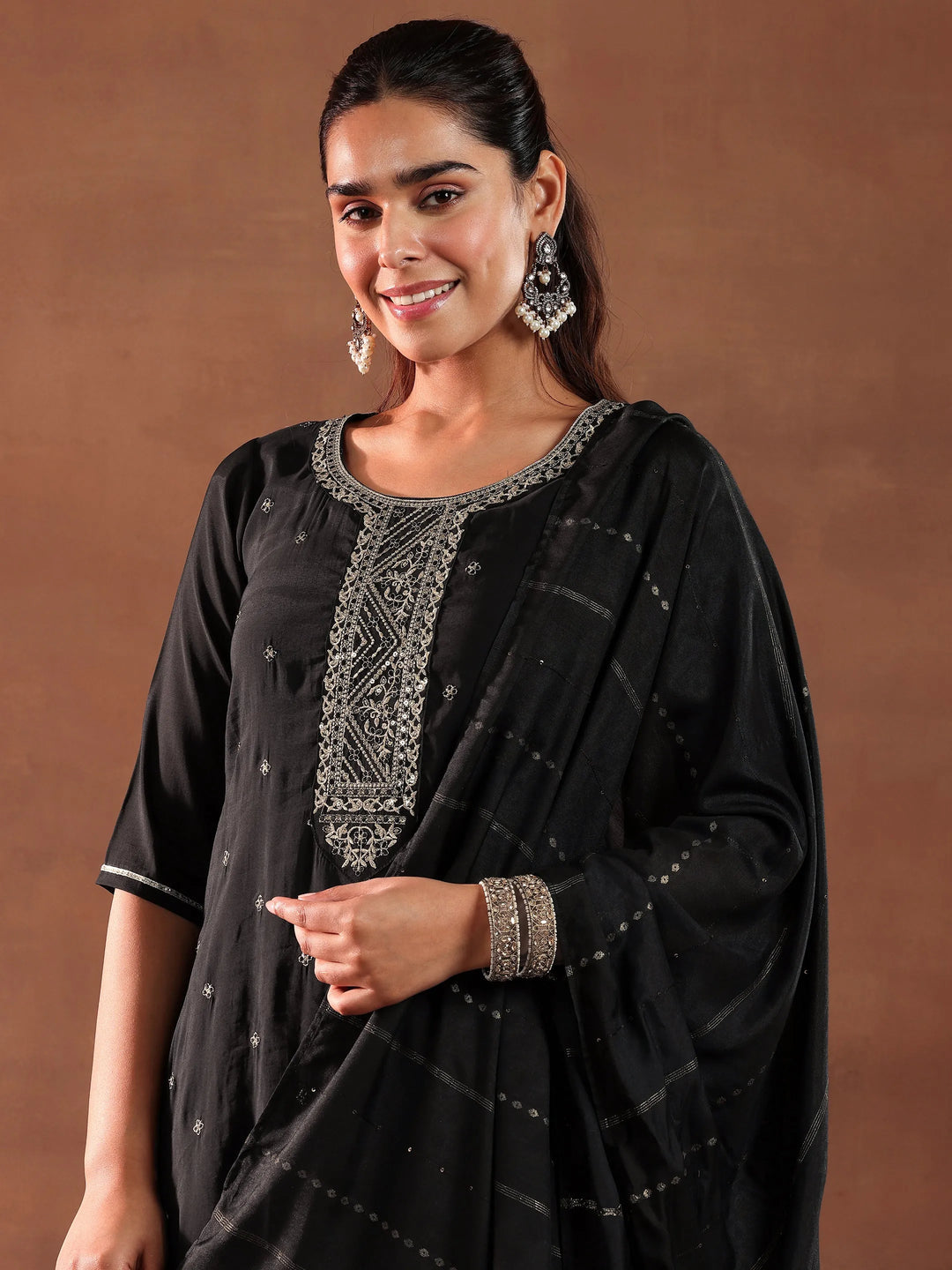  Black Yoke Design Silk Blend Straight Suit With Dupatta 
