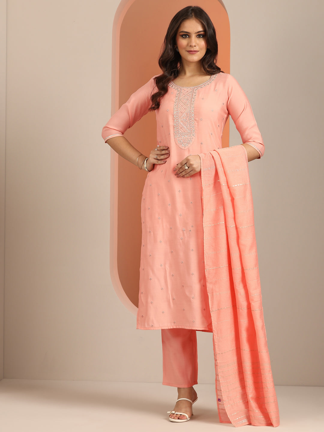 Peach Yoke Design Silk Blend Straight Suit With Dupatta
