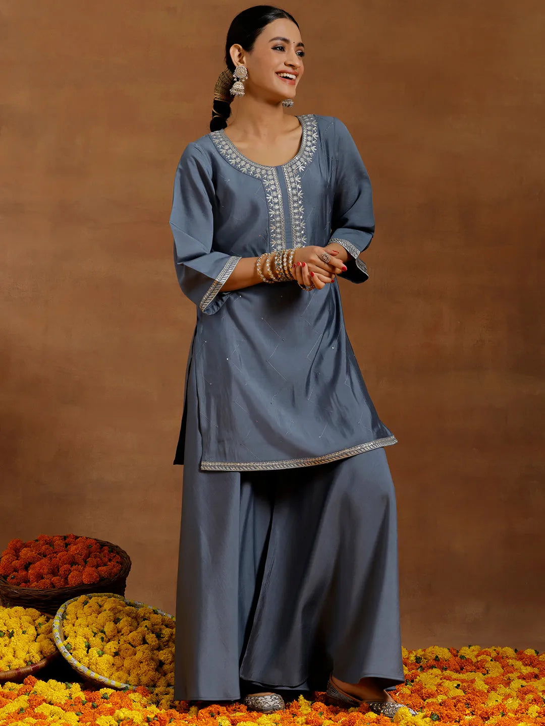  Grey Yoke Design Silk Blend Straight Suit With Dupatta 