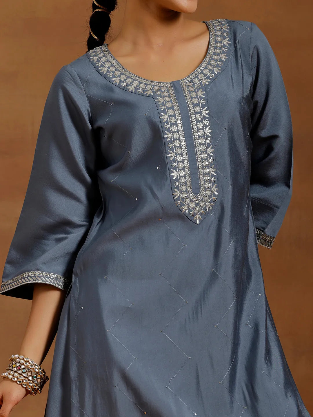  Grey Yoke Design Silk Blend Straight Suit With Dupatta 