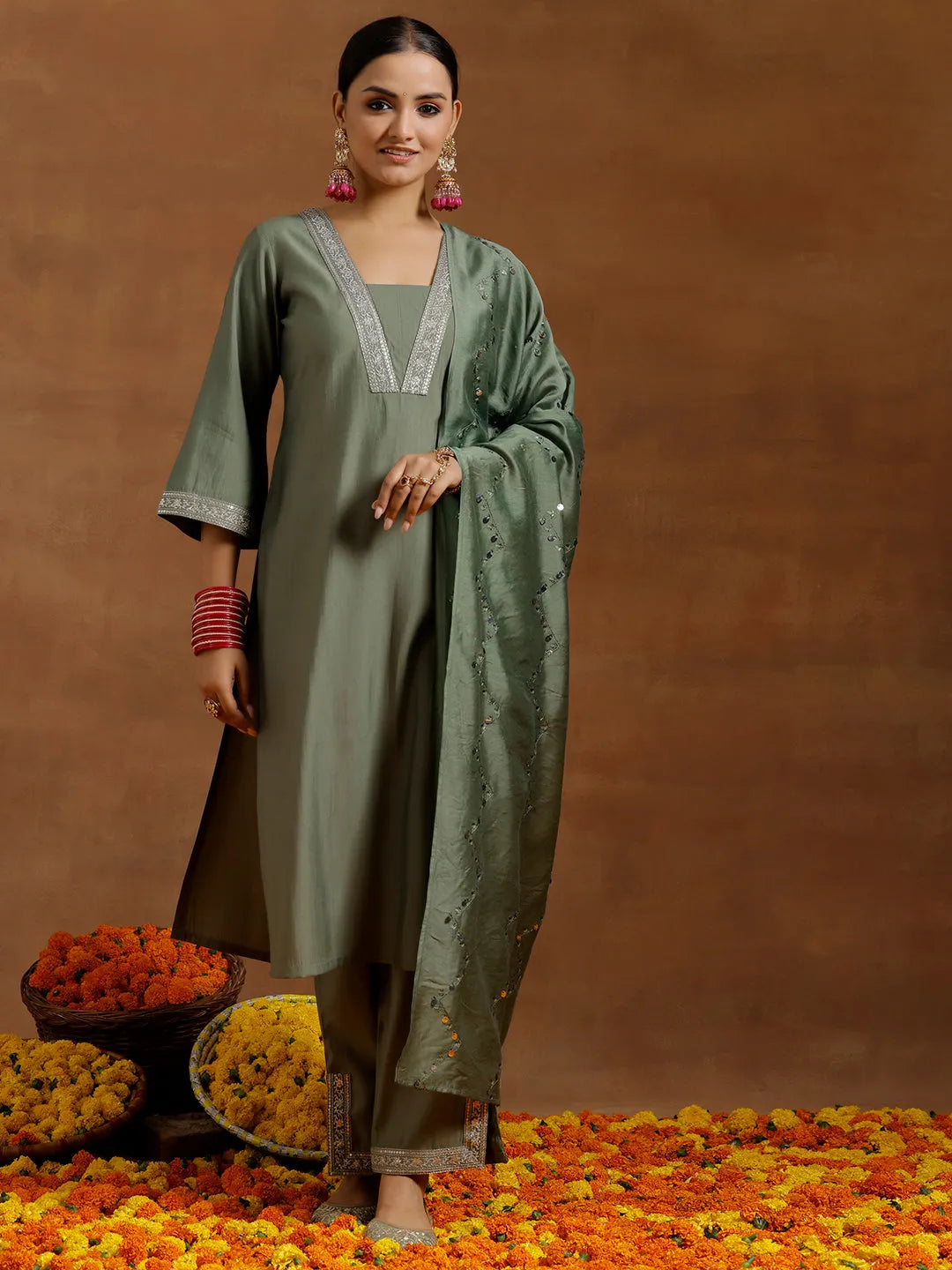 libas Olive Yoke Design Silk Blend Straight Suit With Dupatta-picture-45