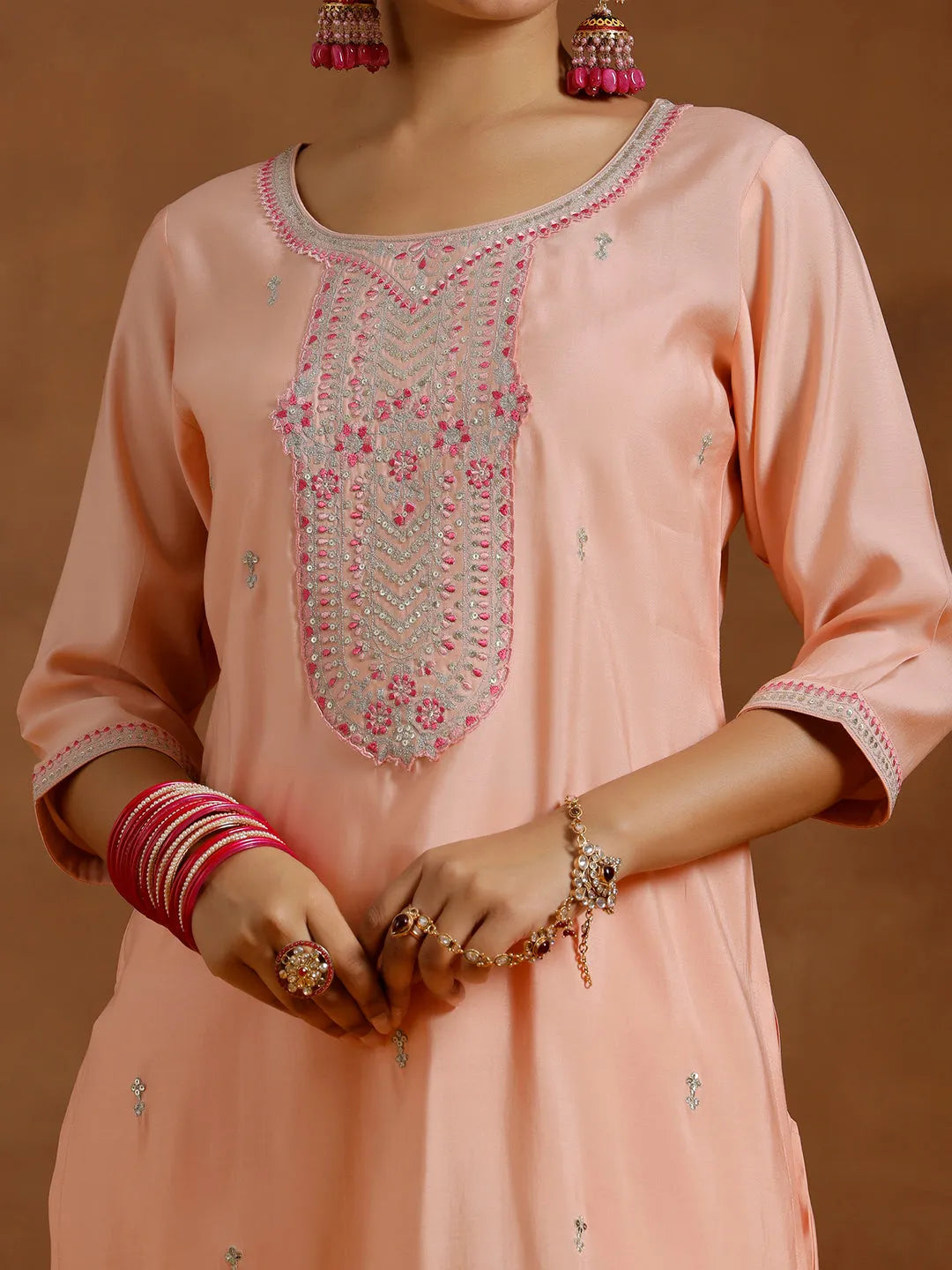  Peach Yoke Design Silk Blend Straight Suit With Dupatta 