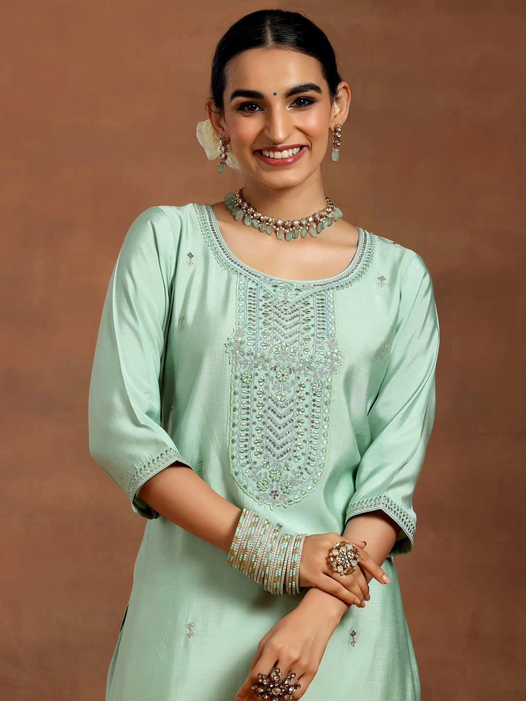  Sea Green Yoke Design Silk Blend Straight Suit With Dupatta 