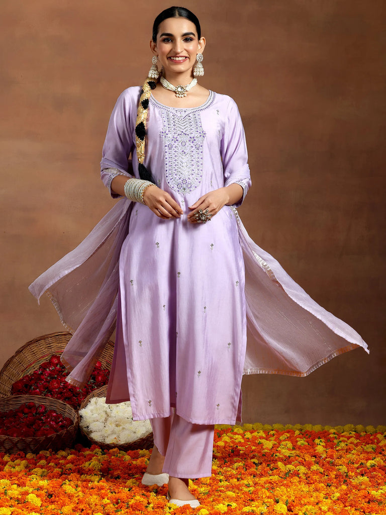 Gerua Lavender Embroidered Silk Blend Straight Suit With Dupatta