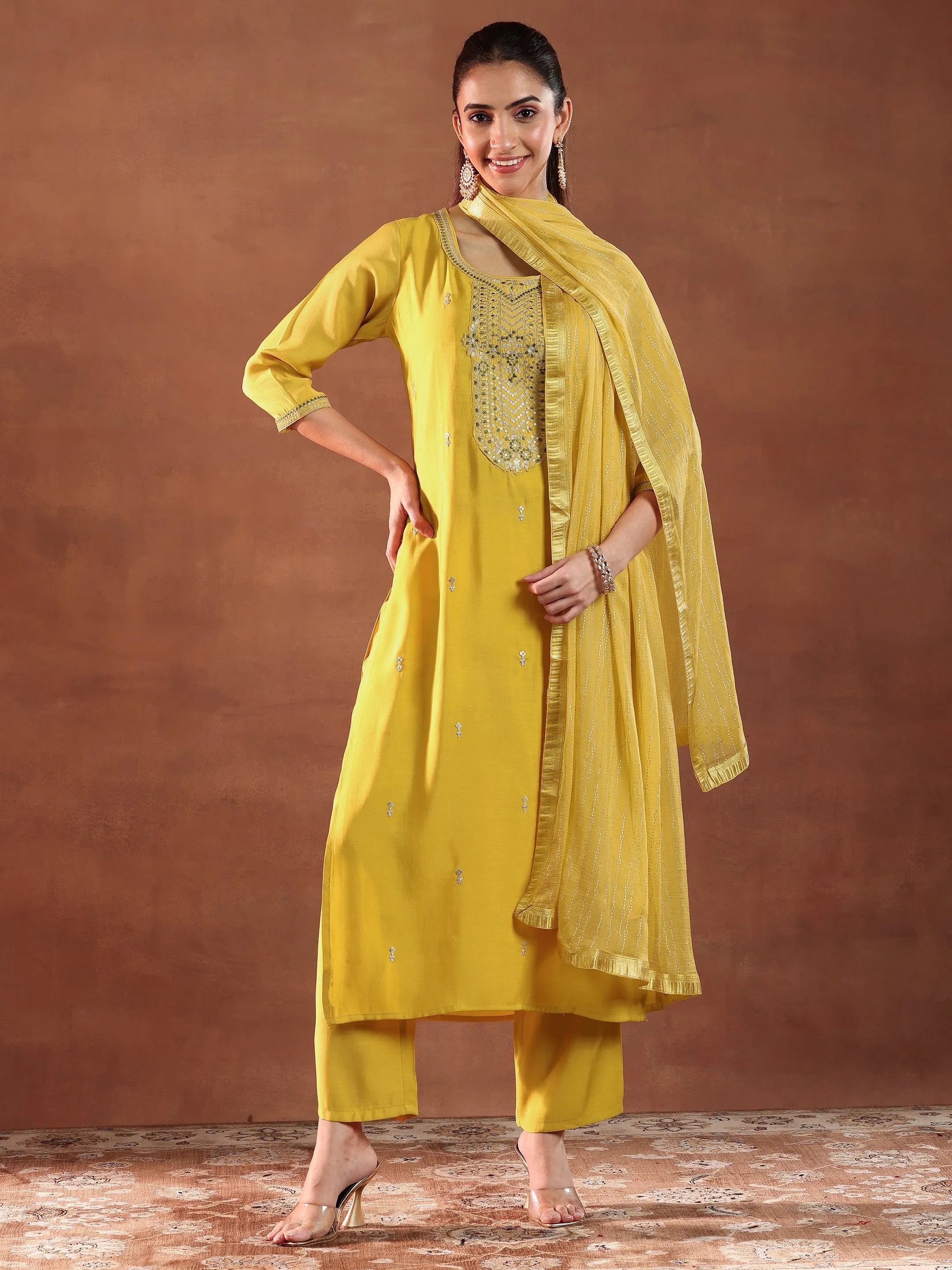 libas Yellow Yoke Design Silk Blend Straight Suit With Dupatta-picture-49