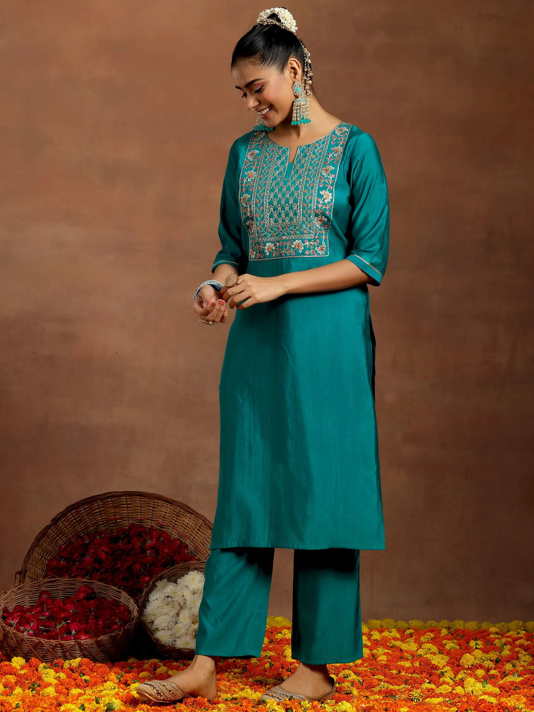 Teal Yoke Design Silk Blend Straight Suit With Dupatta 