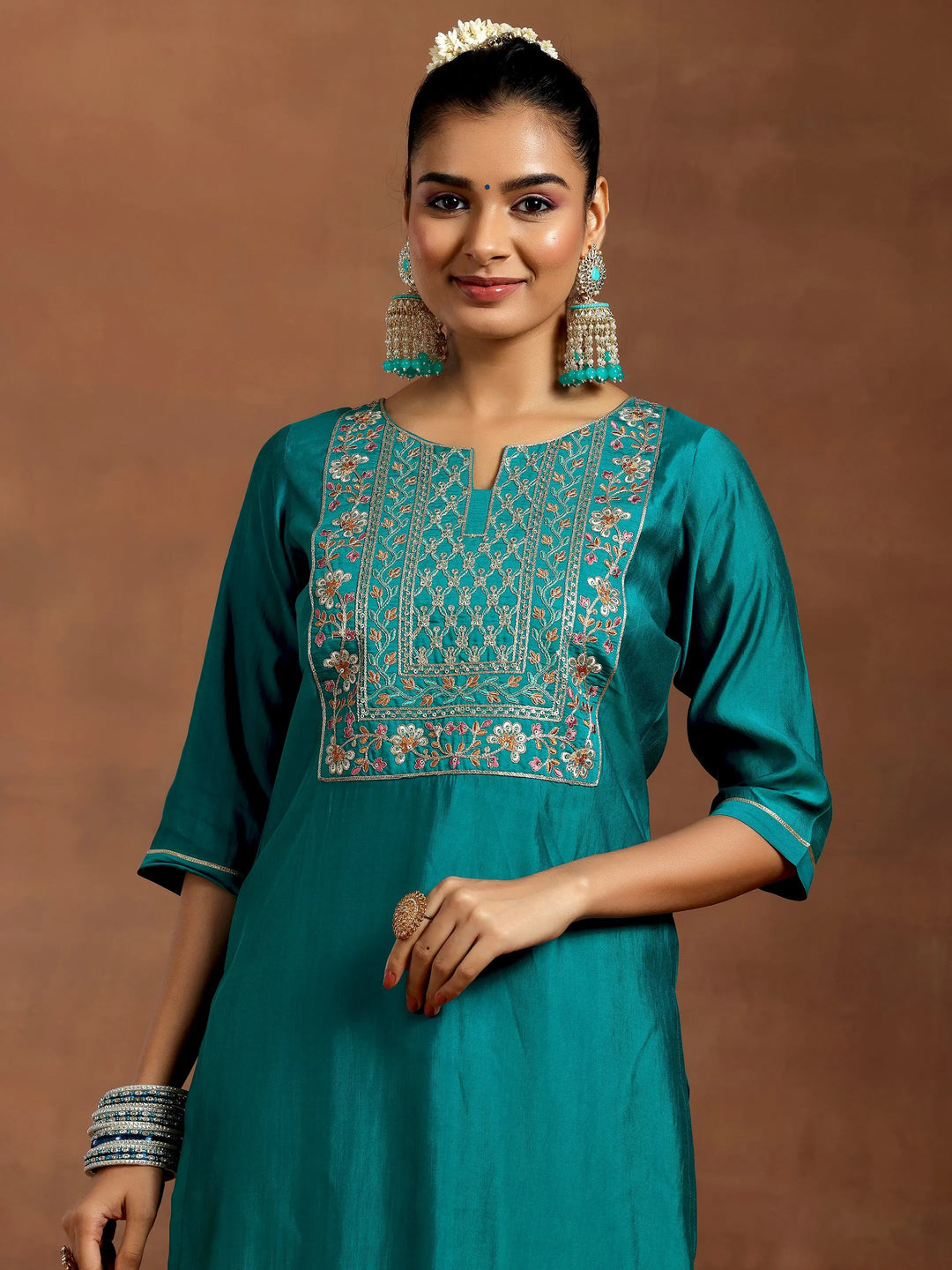  Teal Yoke Design Silk Blend Straight Suit With Dupatta 