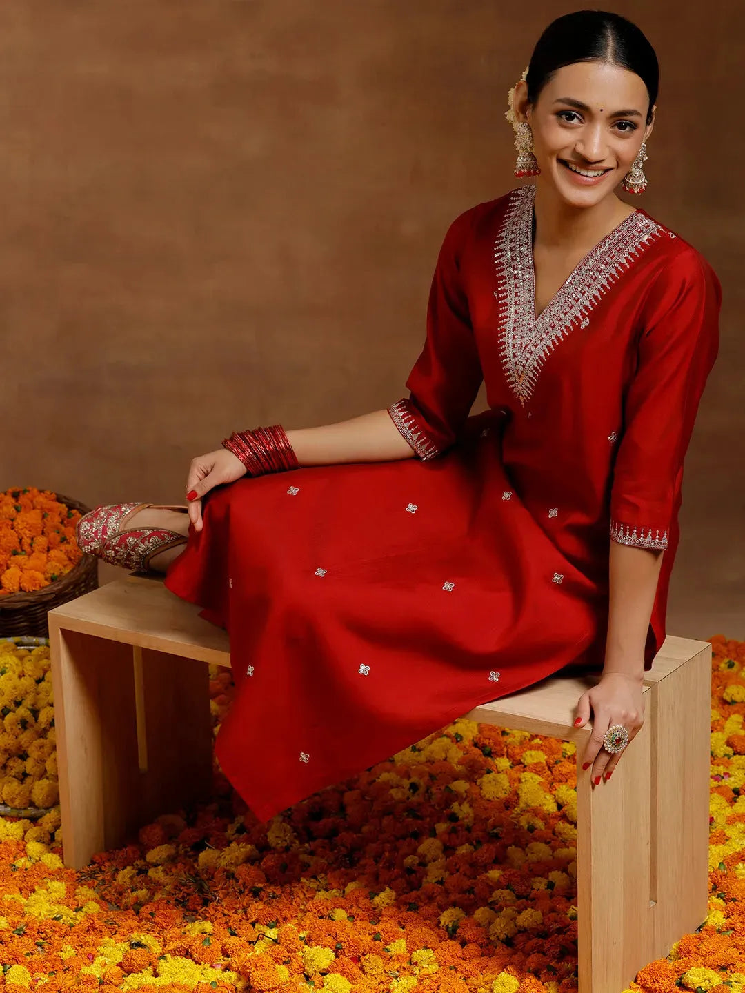  Red Embroidered Silk Blend Straight Kurta Set 