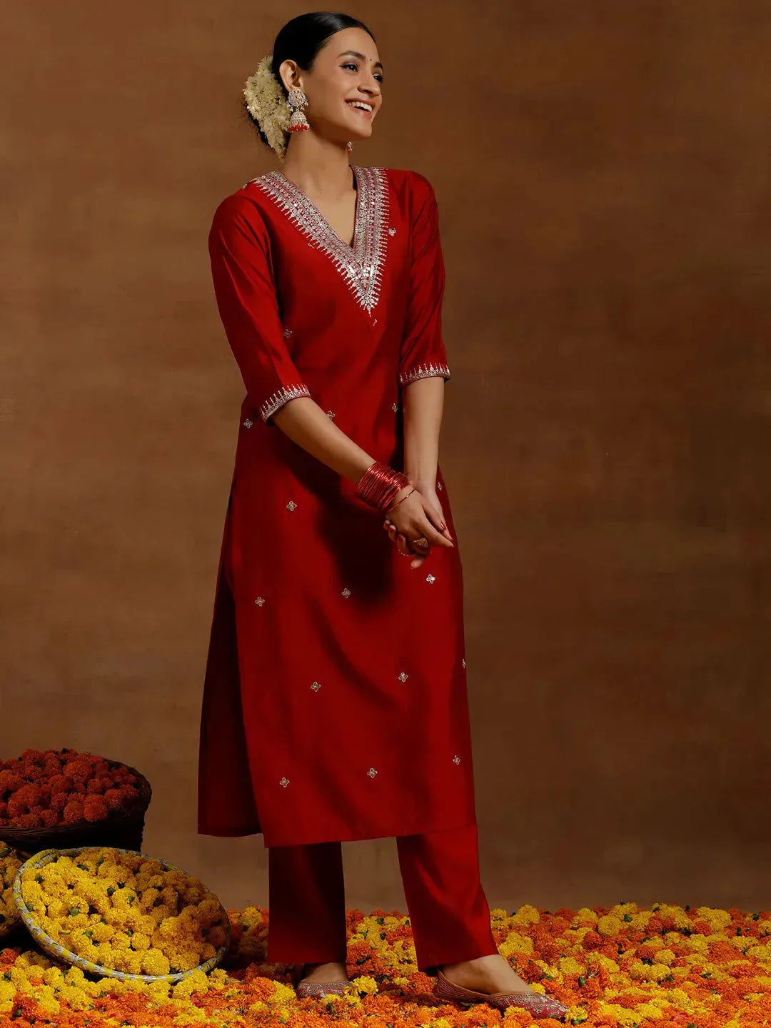  Red Embroidered Silk Blend Straight Kurta Set 