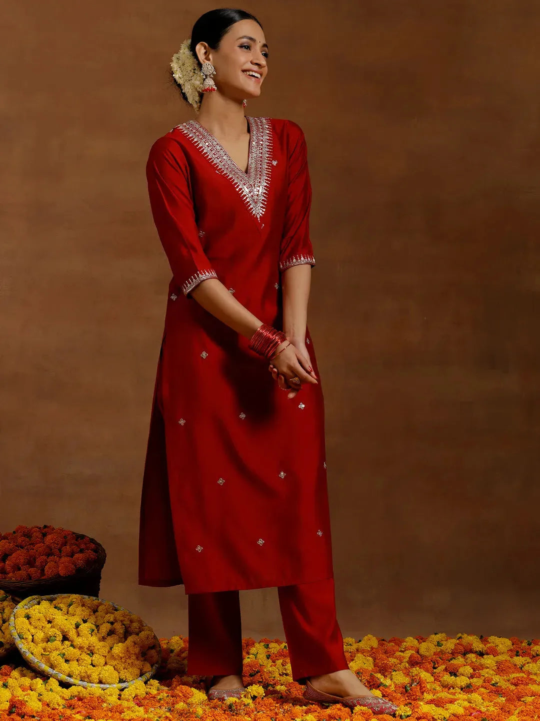  Red Embroidered Silk Blend Straight Kurta Set 