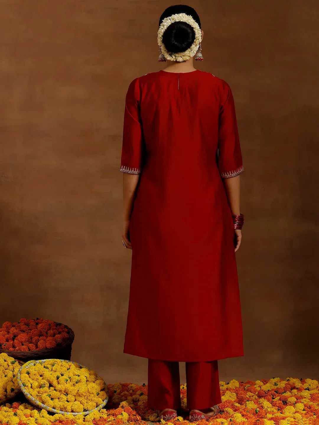  Red Embroidered Silk Blend Straight Kurta Set 