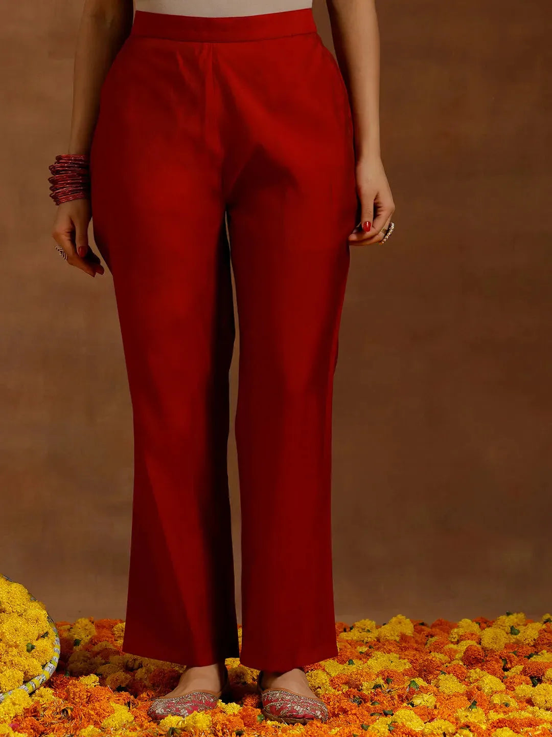  Red Embroidered Silk Blend Straight Kurta Set 