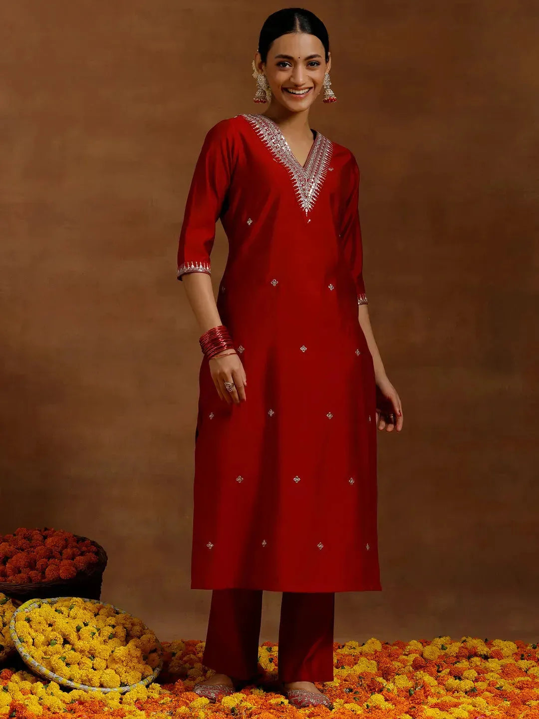  Red Embroidered Silk Blend Straight Kurta Set 