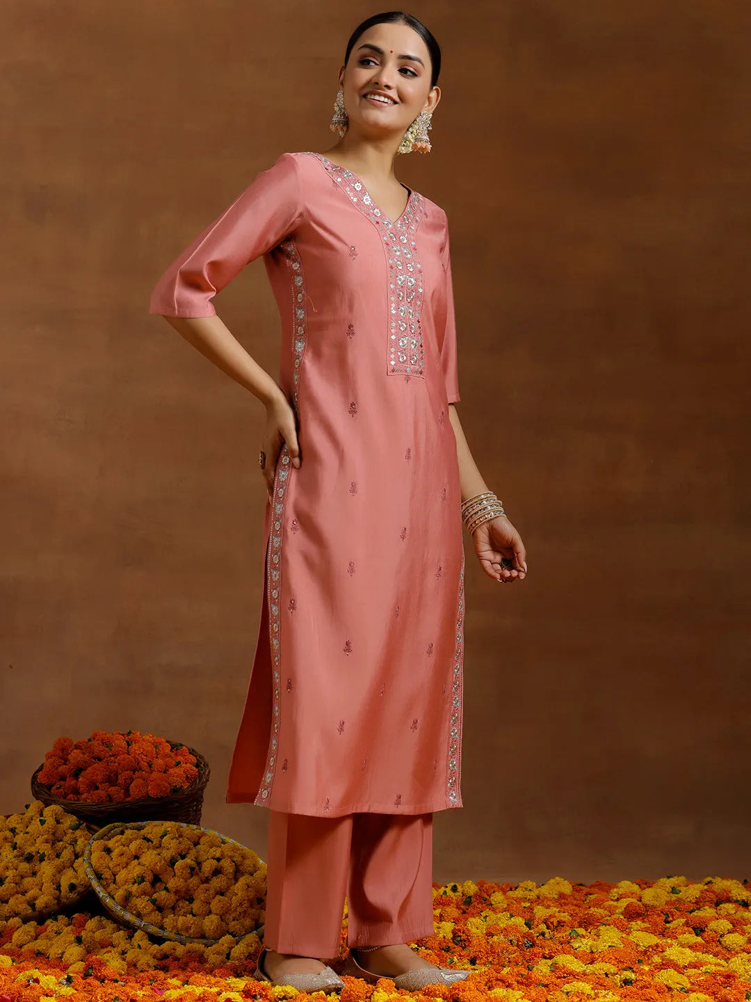  Peach Embroidered Silk Blend Straight Kurta Set 