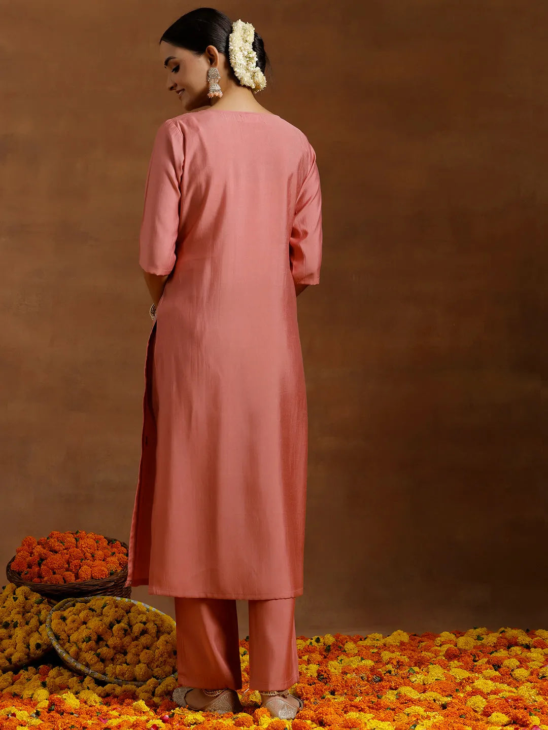  Peach Embroidered Silk Blend Straight Kurta Set 