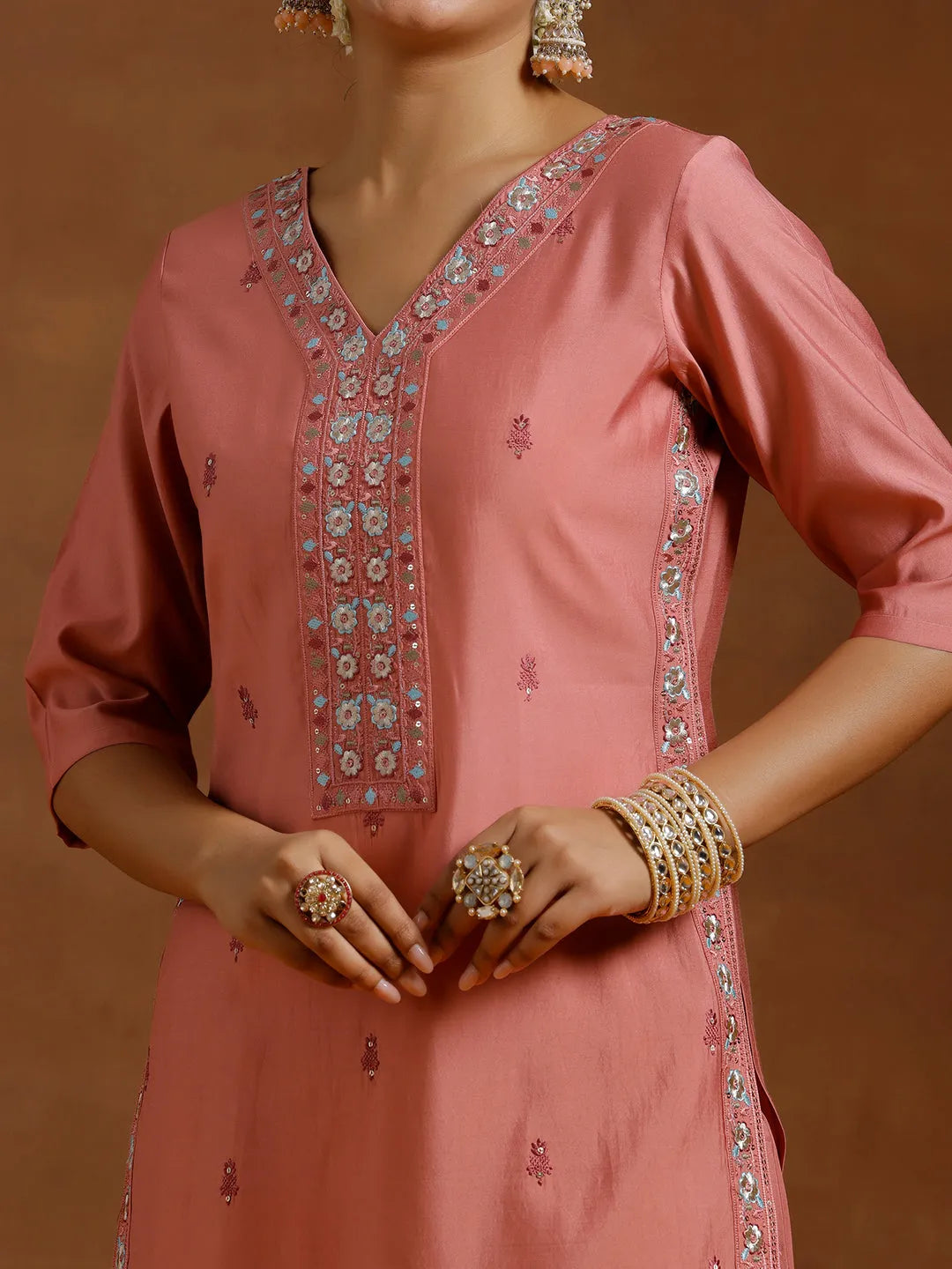  Peach Embroidered Silk Blend Straight Kurta Set 