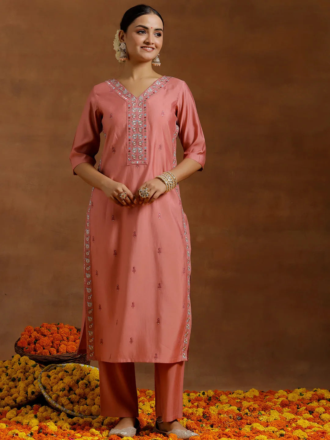  Peach Embroidered Silk Blend Straight Kurta Set 