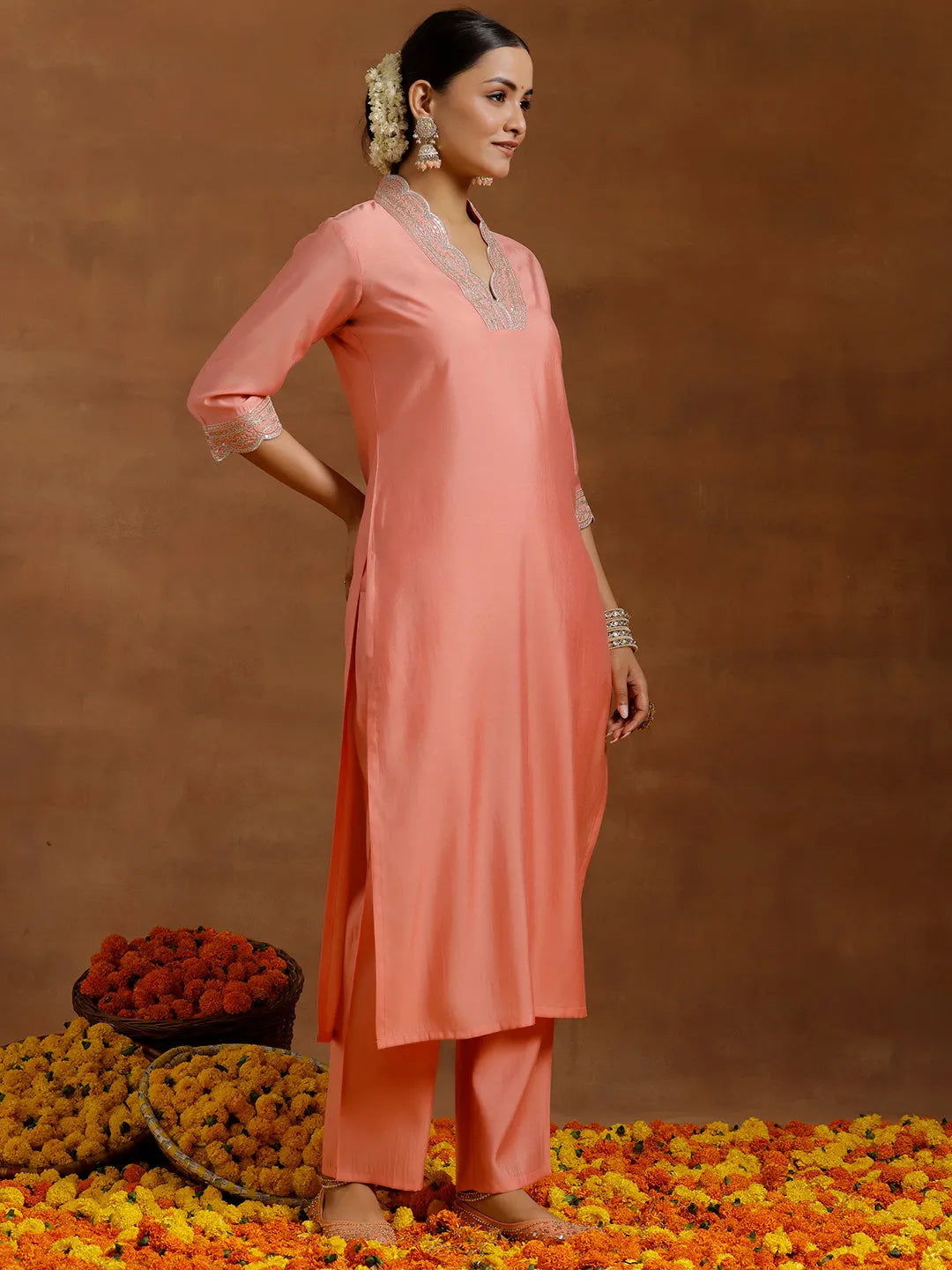 Peach Embroidered Silk Blend Straight Kurta Set 