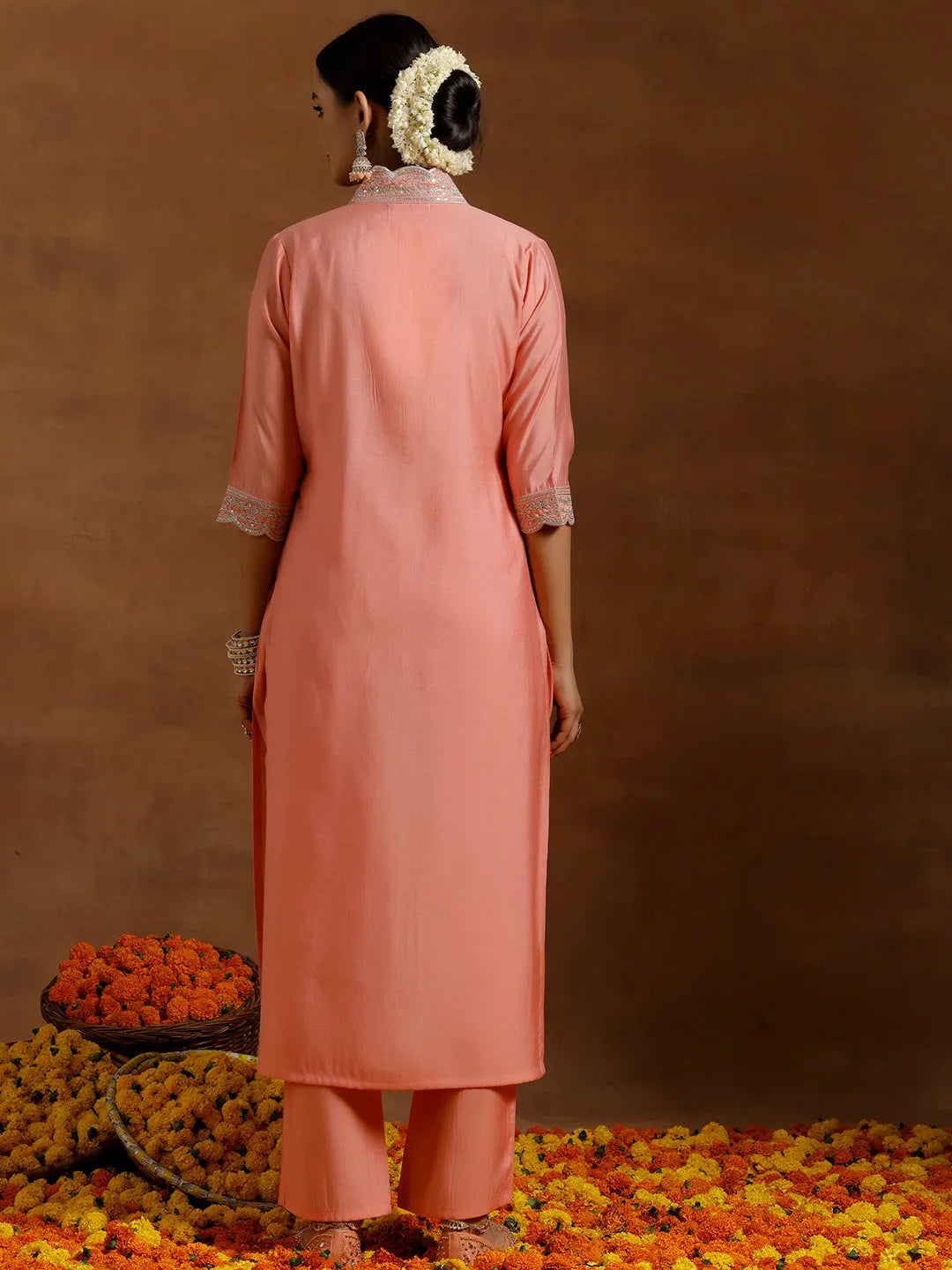  Peach Embroidered Silk Blend Straight Kurta Set 
