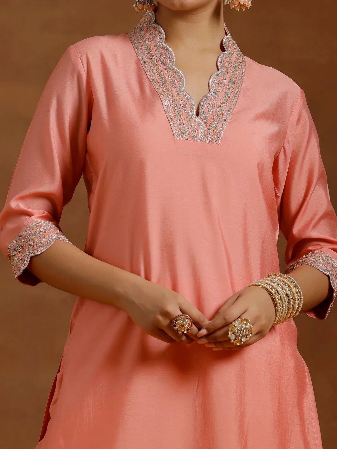  Peach Embroidered Silk Blend Straight Kurta Set 