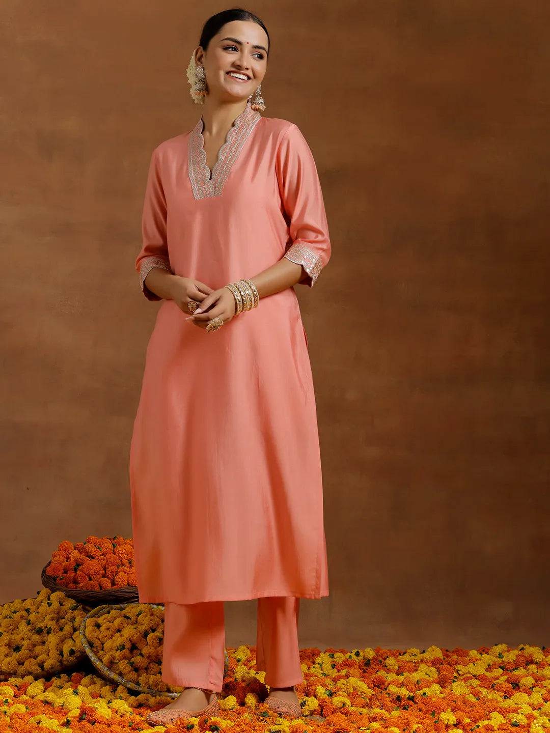  Peach Embroidered Silk Blend Straight Kurta Set 