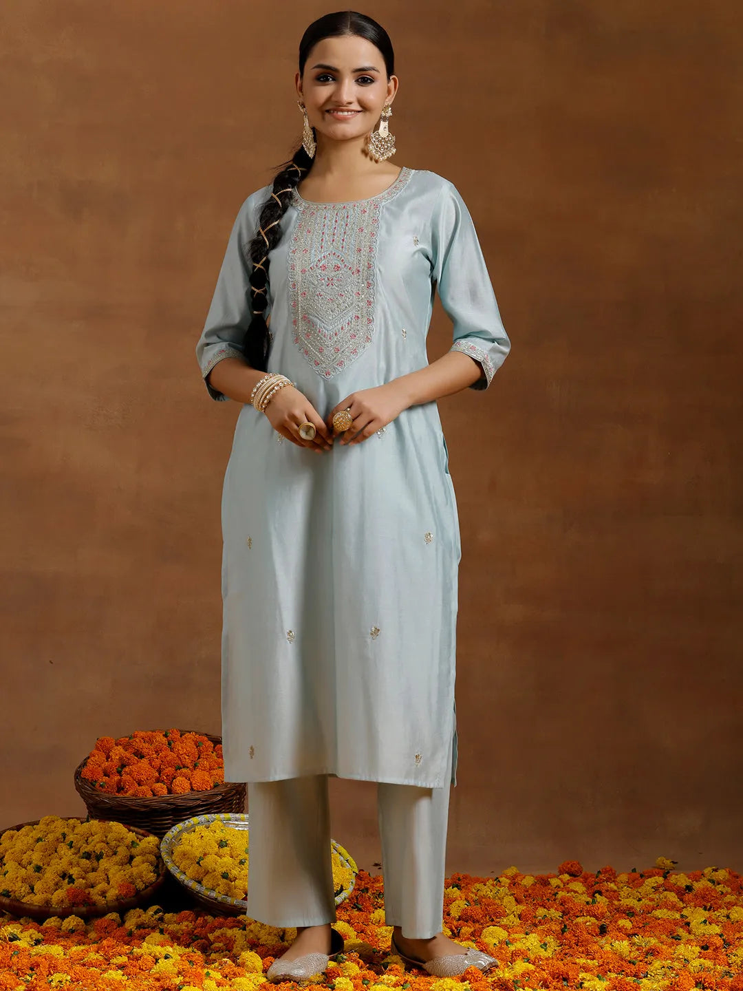  Blue Embroidered Silk Blend Straight Kurta Set 
