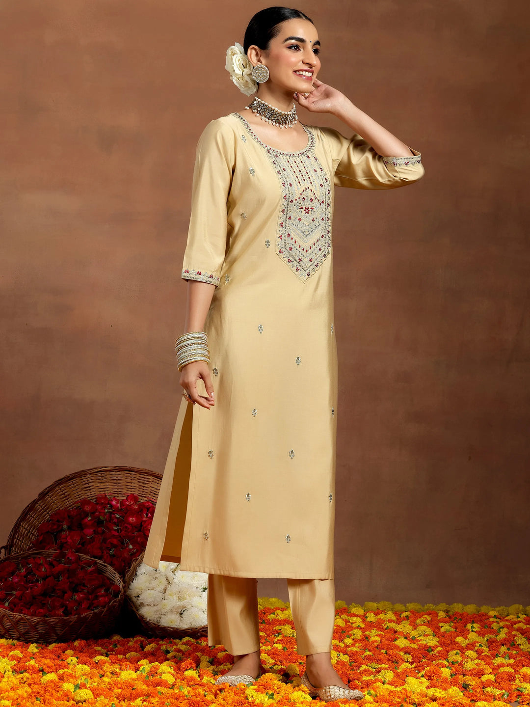  Beige Embroidered Silk Blend Straight Kurta Set 