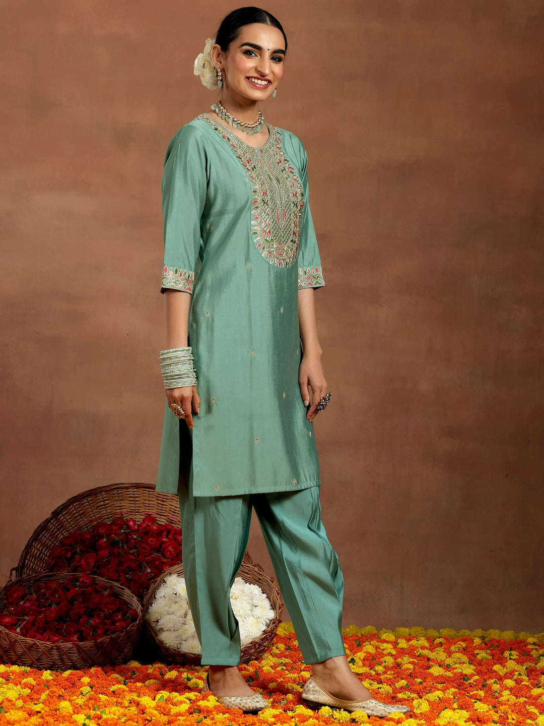  Green Embroidered Silk Blend Straight Suit With Dupatta 