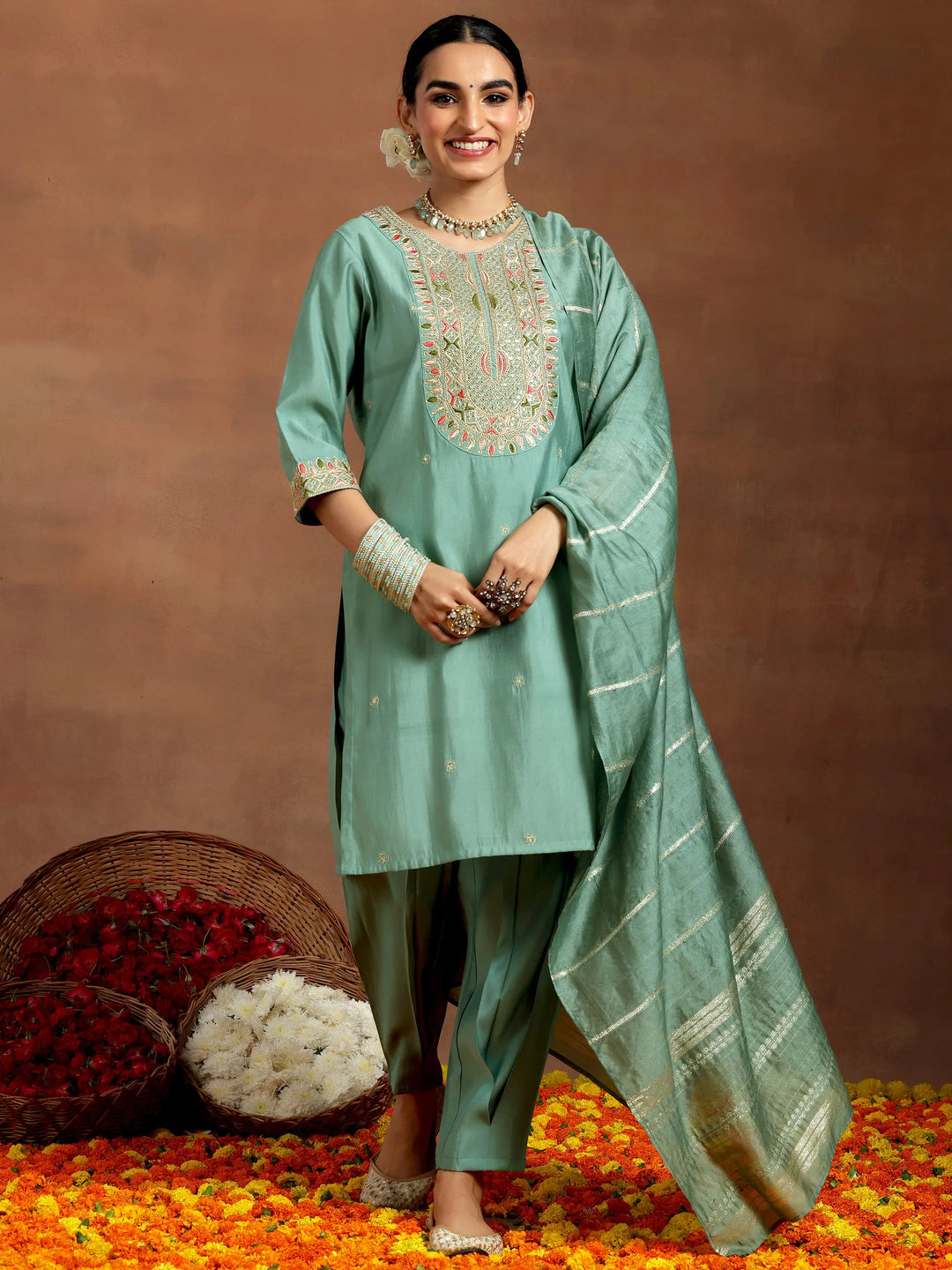  Green Embroidered Silk Blend Straight Suit With Dupatta 