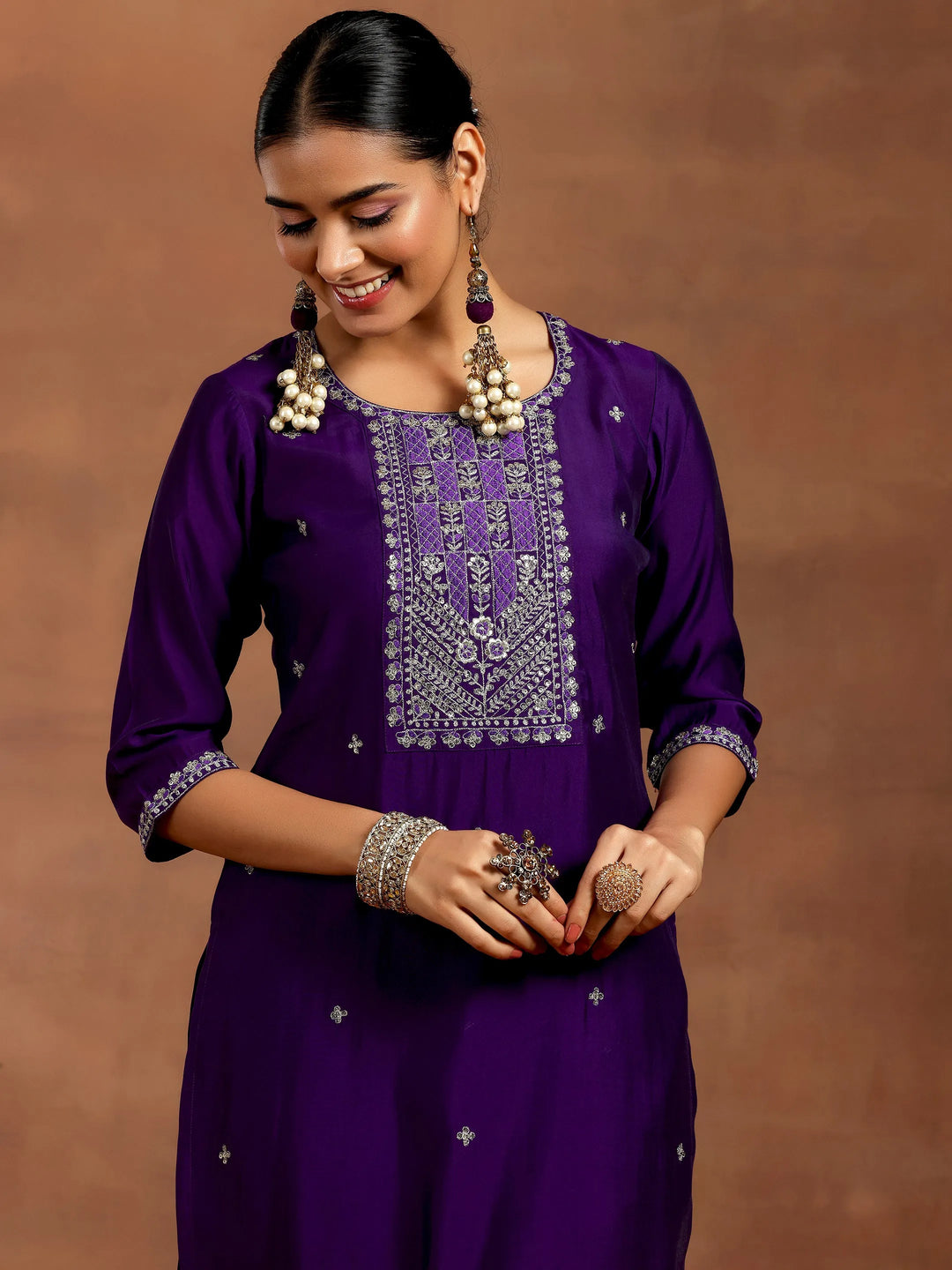  Purple Embroidered Silk Blend Straight Suit With Dupatta 