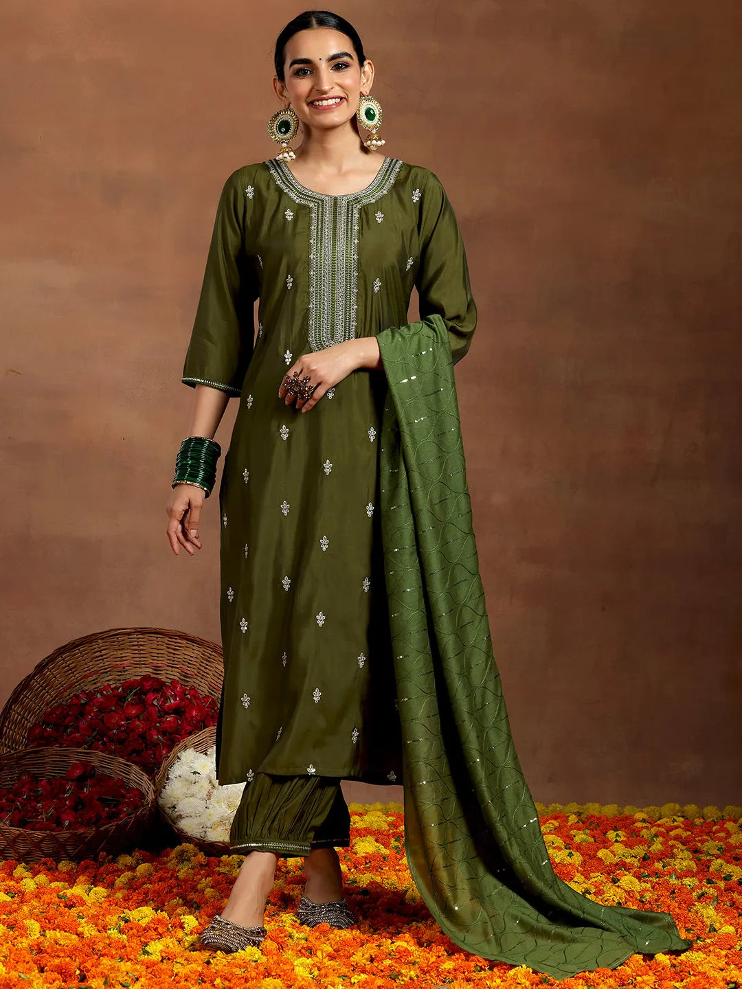 Olive Embroidered Silk Blend Straight Suit With Dupatta-image-6