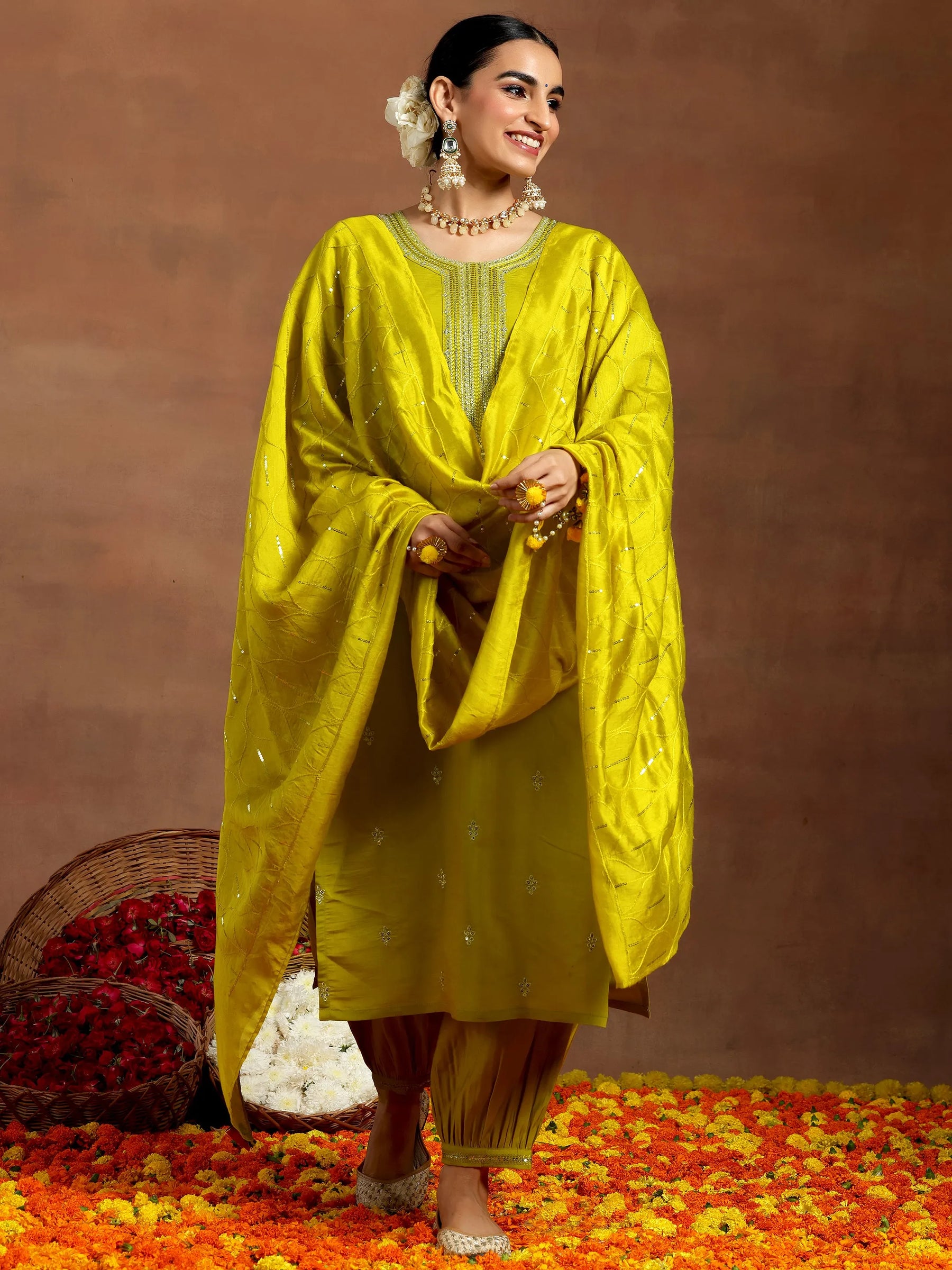 Green Printed Silk Blend Straight Suit Set With Dupatta