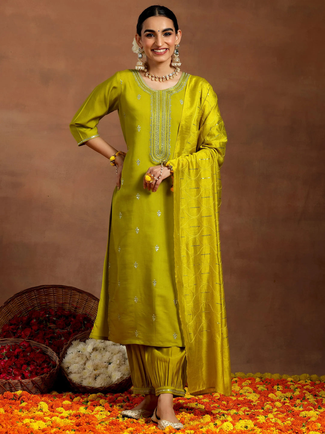  Lime Green Embroidered Silk Blend Straight Suit With Dupatta 